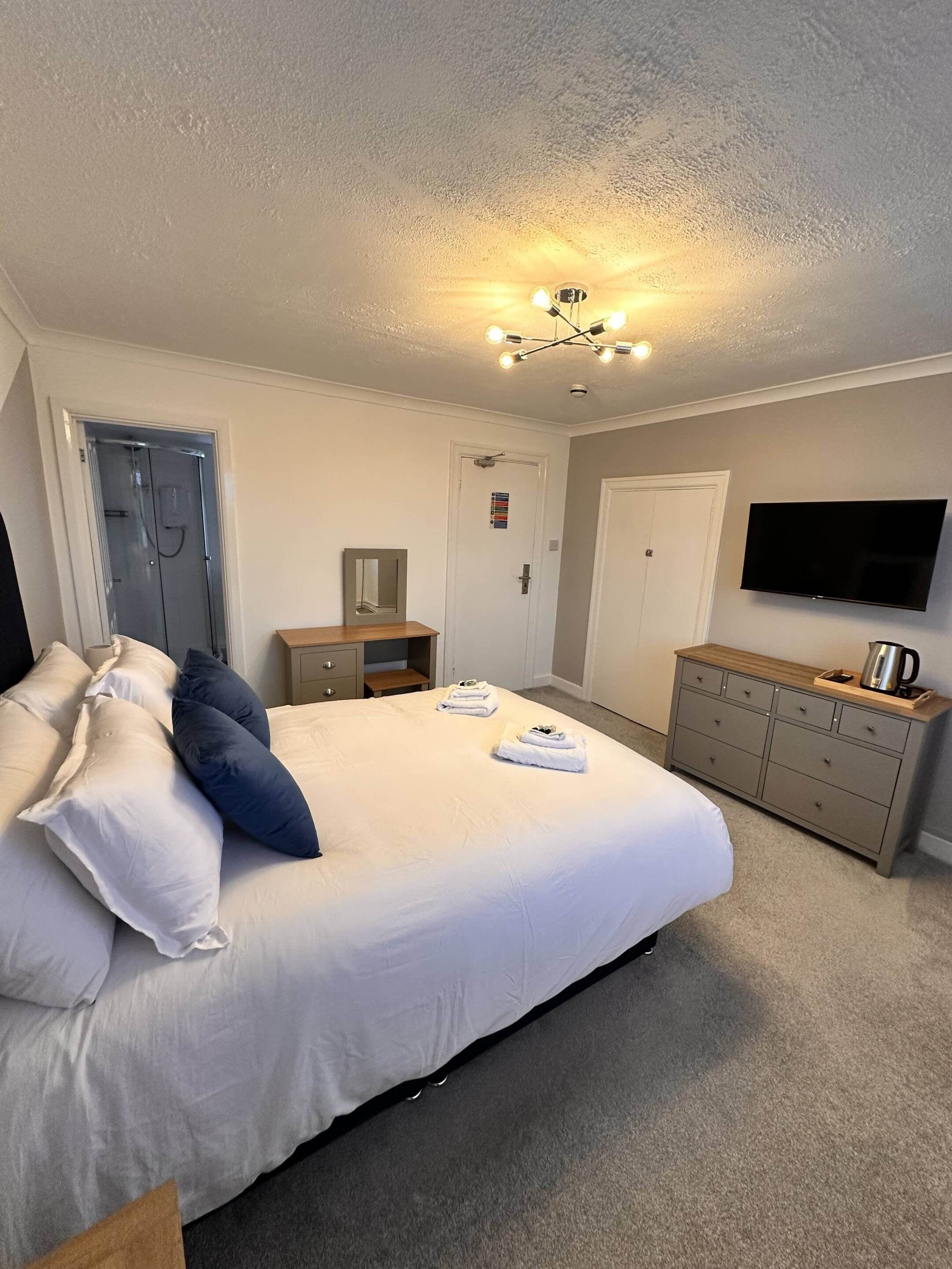 Une chambre d’hôtel avec un lit, une commode, une télévision et une douche.