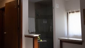 Ein Hotelzimmer mit Dachfenster, Dusche, kleinem Tisch und einer Zimmerpflanze.