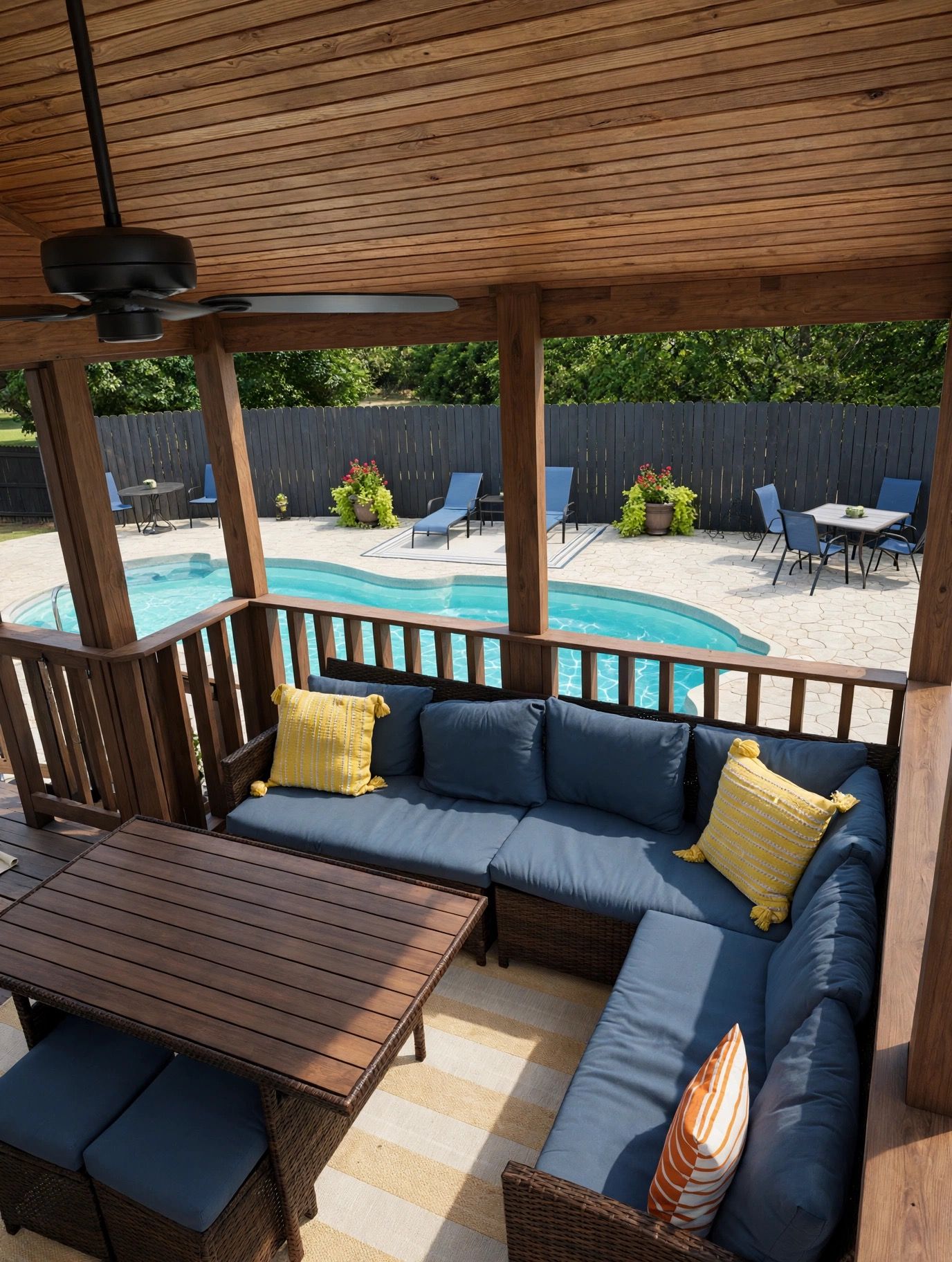 A covered outdoor seating area with a pool, wooden furniture, and a view of the backyard.