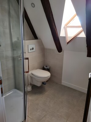 Et lille, moderne badeværelse med en glasbrusekabine, toilet og et vindue med naturligt lys.
