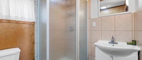 A bathroom with a glass-enclosed shower, a white sink, and a mirror above the sink.
