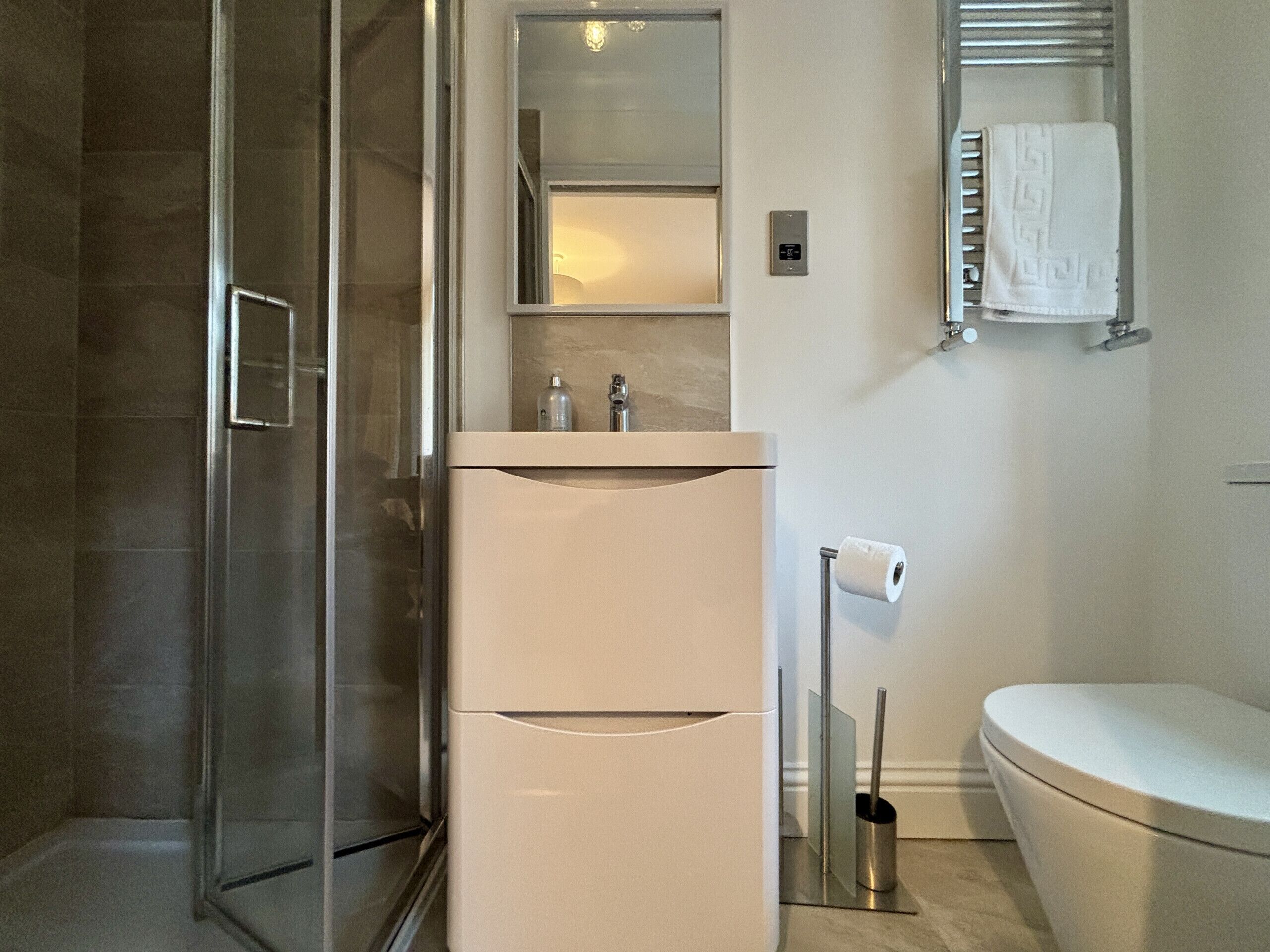 A modern bathroom with a glass shower enclosure, a toilet, and a sink with a mirror above it.