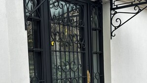 Ein schwarzes schmiedeeisernes Tor mit Glasscheibe, eine Fußmatte und ein Blumentopf.