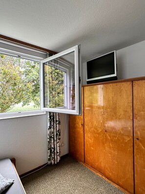 Ein Zimmer mit großem Fenster, einem Fernseher auf einer Holzkommode und einem Teppichboden.