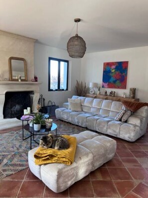 Ein Wohnzimmer mit Kamin, einer Couch, einem Couchtisch und einer Pendelleuchte.