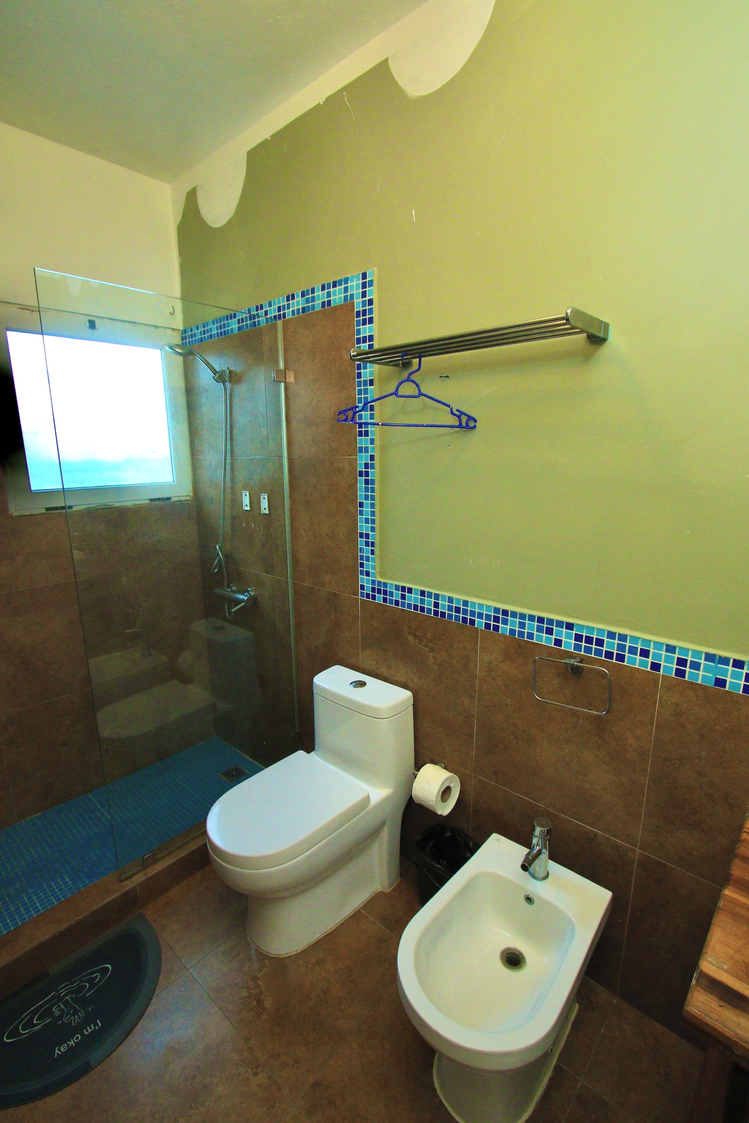 Habitación Deluxe con 1 cama doble o 2 individuales, vistas a la piscina | Baño | Ducha, secador de pelo, toallas y jabón