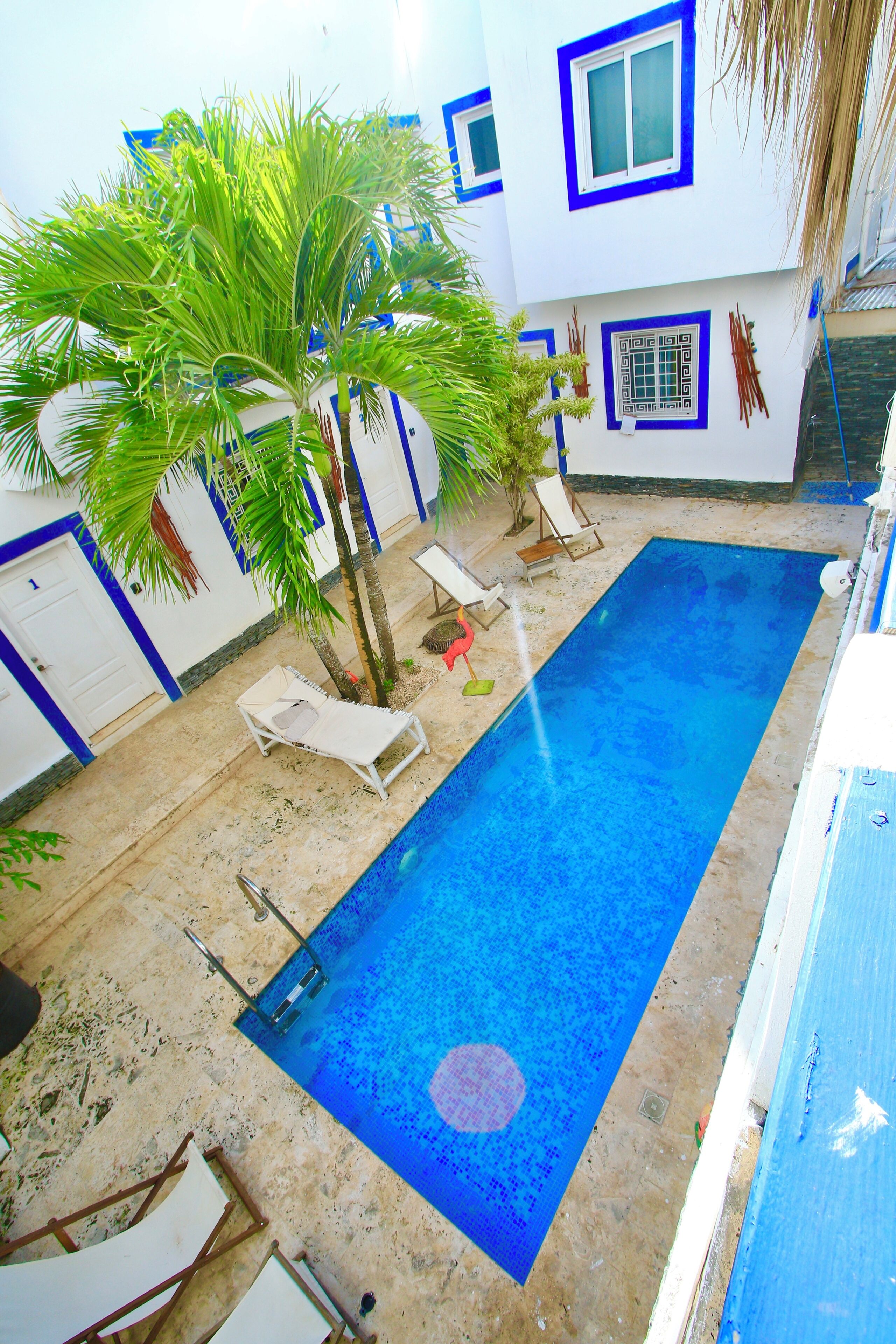 Ein Swimmingpool mit Liegestühlen, einer Palme und einem Gebäude mit blauen Verzierungen.