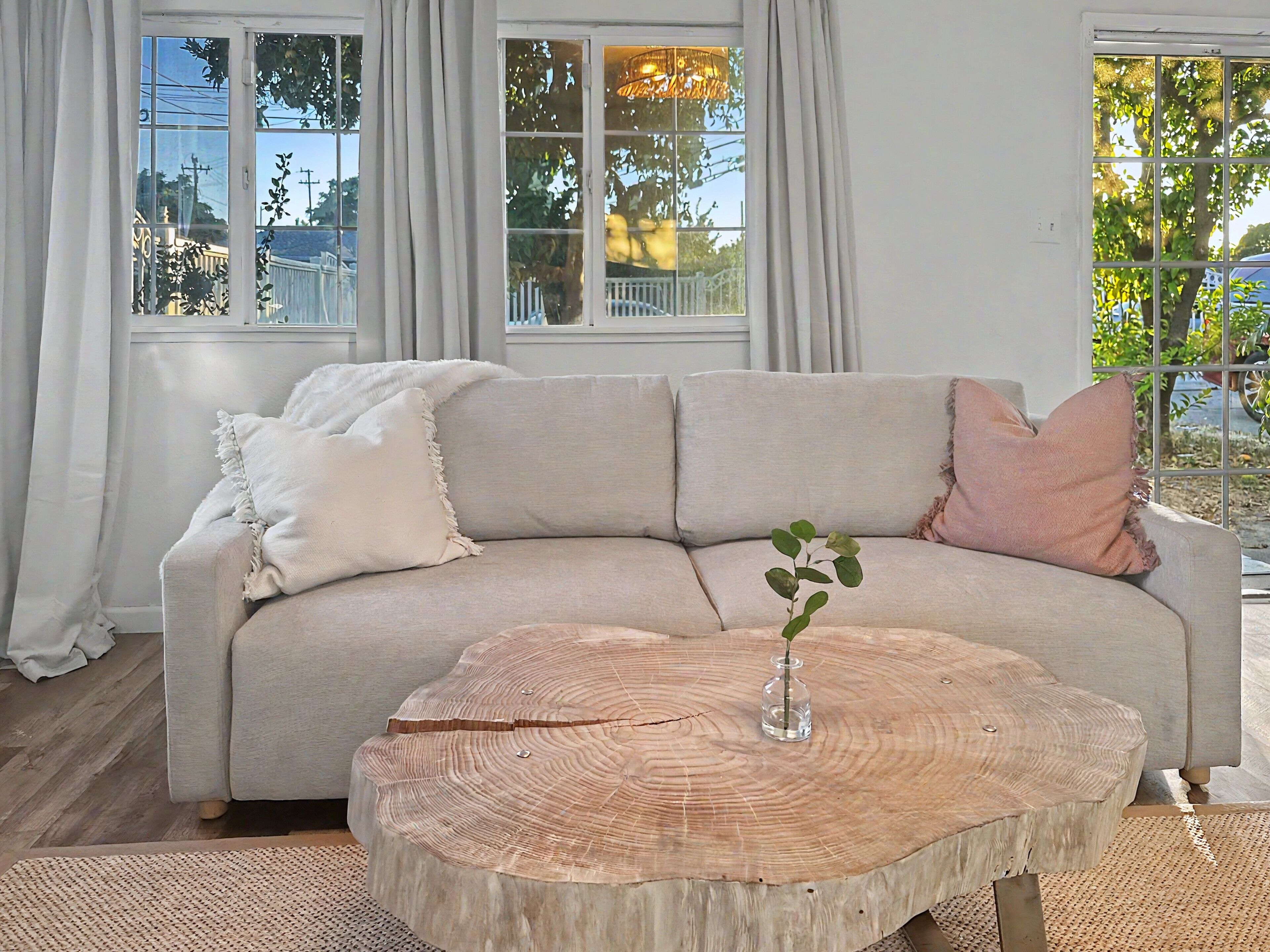 Un salon comprenant un canapé, une table basse ronde dont le plateau est fait d’une souche d’arbre, et un vase avec une plante.