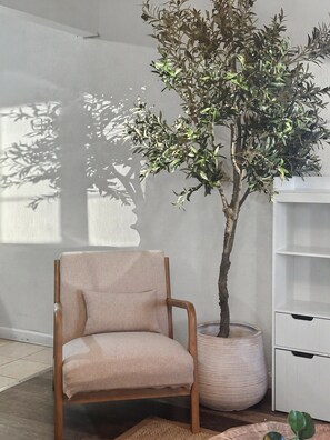 A room with a wooden chair, a potted plant, and a white shelving unit.