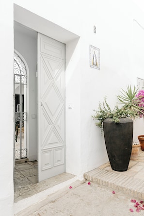 A white door with a decorative pattern, a large black planter with green plants and pink flowers, and a small framed picture on the wall. - Beautiful house in the historic center of Vejer de la Frontera (Vejer de la Frontera)