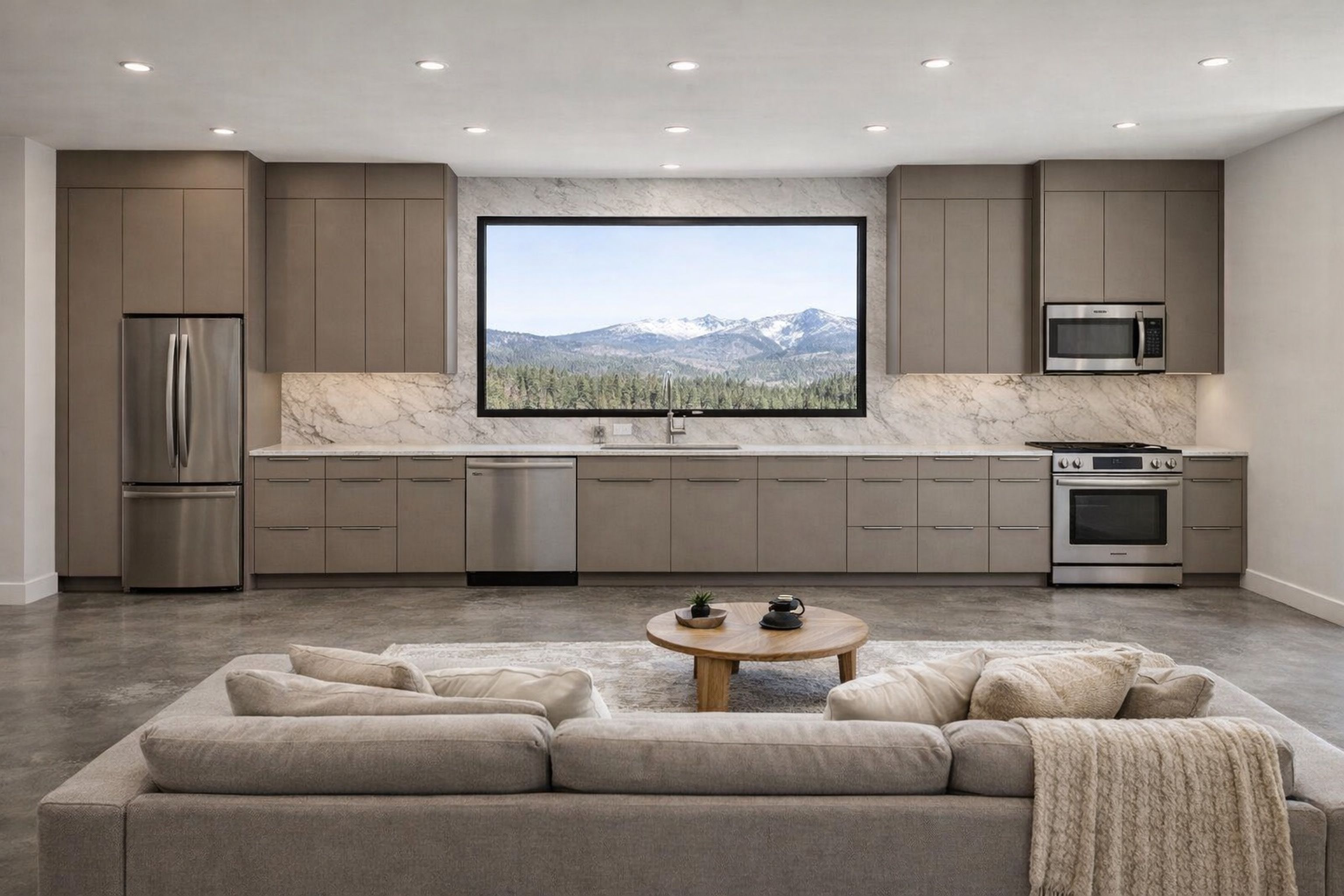 A modern kitchen with a large window, stainless steel appliances, and a cozy seating area.