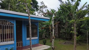 Un edificio azul con rejas en las ventanas y una puerta, rodeado de vegetación y un pequeño sendero.