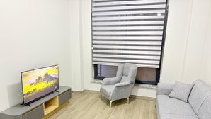 Una sala de estar moderna con un televisor de pantalla plana, un sillón gris, un sofá gris y una ventana con persianas.