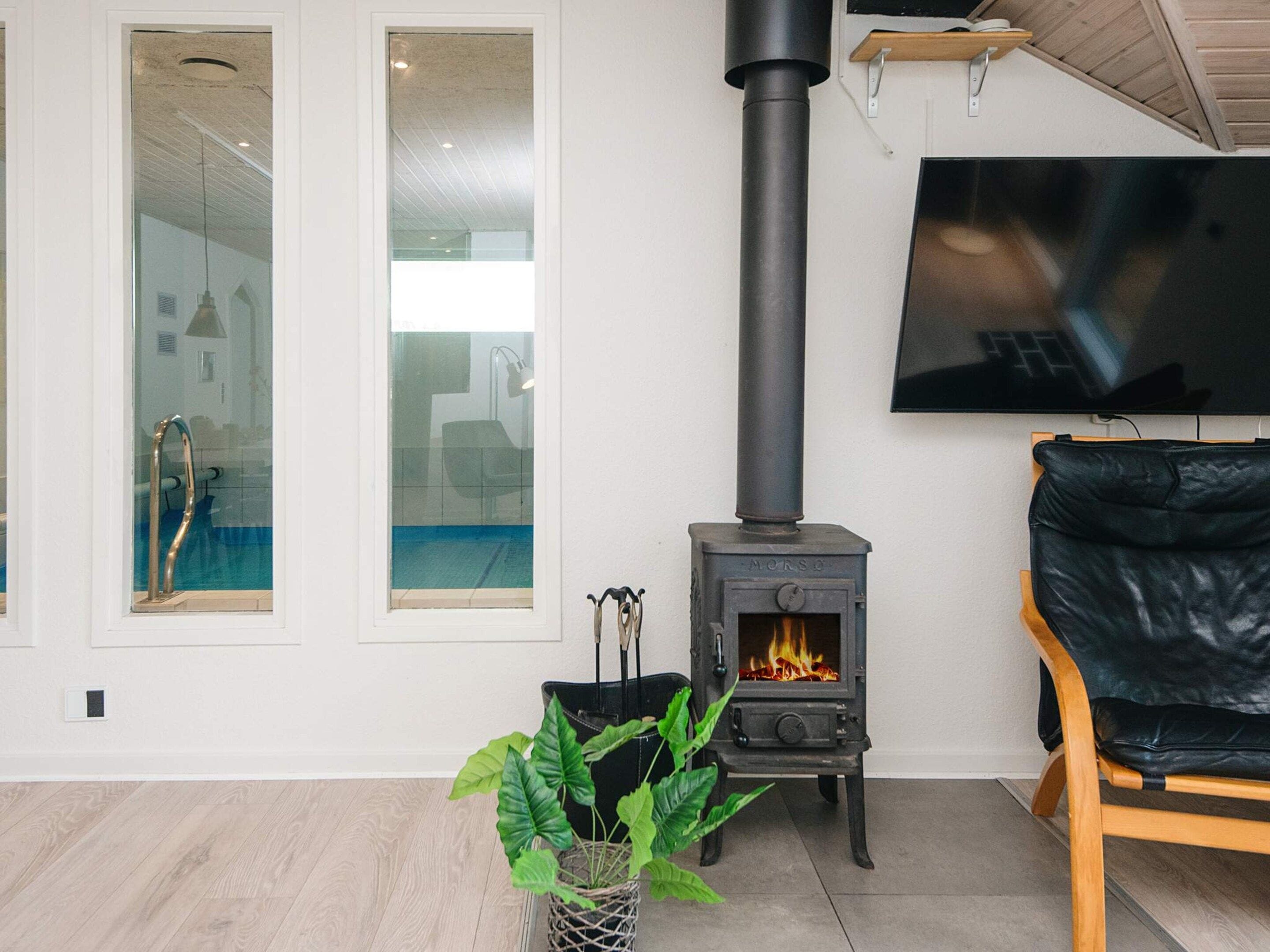 A room with a black wood-burning stove, a television mounted on the wall, and a plant in the corner.