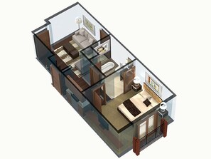 Ein 3D-Modell einer modernen Wohnung mit Wohnzimmer, Küche, Bad und Schlafzimmer.
