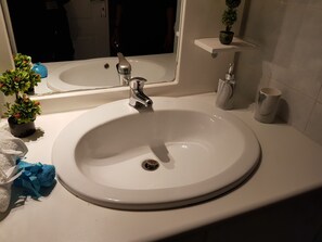 Un lavabo dans la salle de bain avec un miroir, une petite étagère avec une plante et un porte-serviettes.