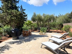 A patio with stone flooring, a grill, lounge chairs, and various trees and shrubs.