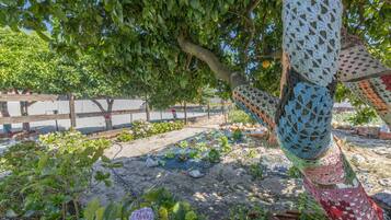Um jardim com diversas plantas e uma árvore.