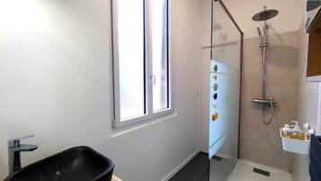 Shower, hair dryer, towels