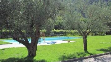 Uma piscina cercada por grama e árvores.