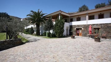 A stone-paved courtyard with a building featuring a stone facade and wooden beams, surrounded by greenery and a clear sky.