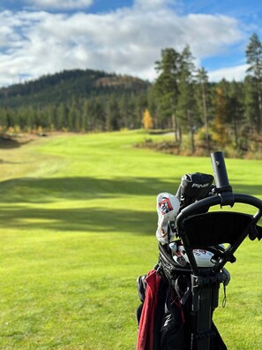 Ein Golfmobil mit rotem Handtuch und Helm auf dem Sitz, geparkt auf einem Golfplatz mit bewaldetem Hügel im Hintergrund.