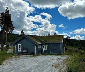 Ein zweistöckiges Haus mit einem begrünten Dach, einer Schotterauffahrt und einem bewaldeten Hügel im Hintergrund.