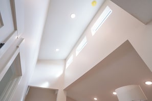 A high ceiling with recessed lighting and skylights.