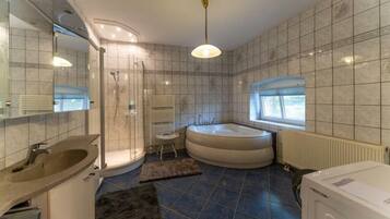Hair dryer, towels, soap, toilet paper