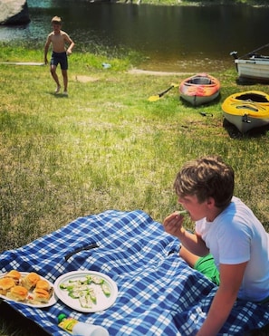 A picnic setup with a checkered blanket, food, and a river in the background. - Shasta Camper in Indian Lake+Pet Friendly+Lake Front (Indian Lake)