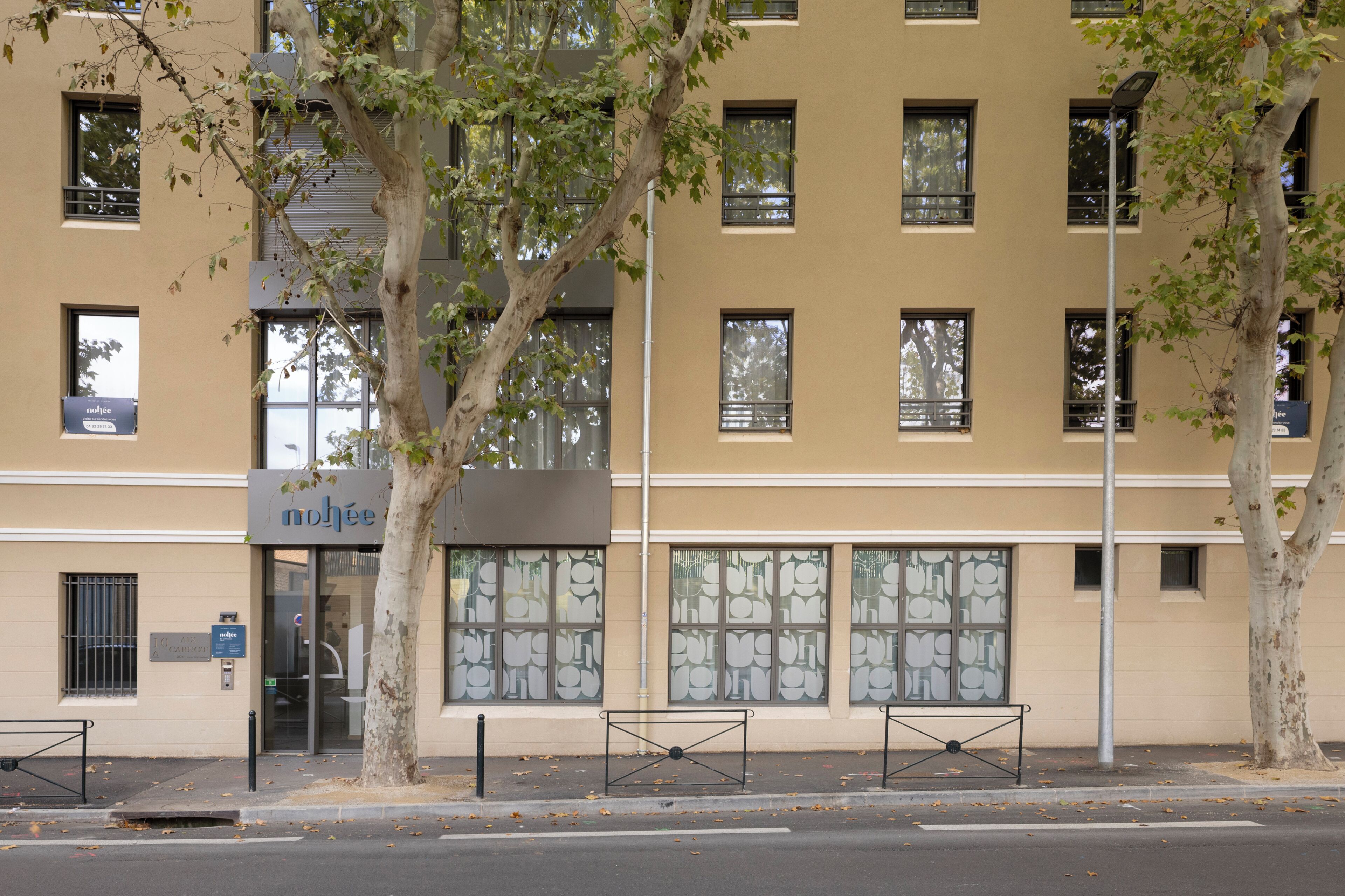 Un bâtiment avec de nombreuses fenêtres, un arbre devant et un banc sur le trottoir.