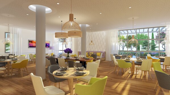 A modern dining area with multiple tables, chairs, and pendant lighting. - Zenao Appart'hôtels Aix Carnot (Aix-en-Provence)