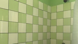 A bathroom with green and white checkered tiles, a shower area, and a visible showerhead. - The Victor's Inn  (Gros Islet)