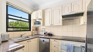 A kitchen with a dishwasher, oven, and a window with a view of greenery. - Glebe Corner Walkable City Fringe Base with Pool (Glebe)