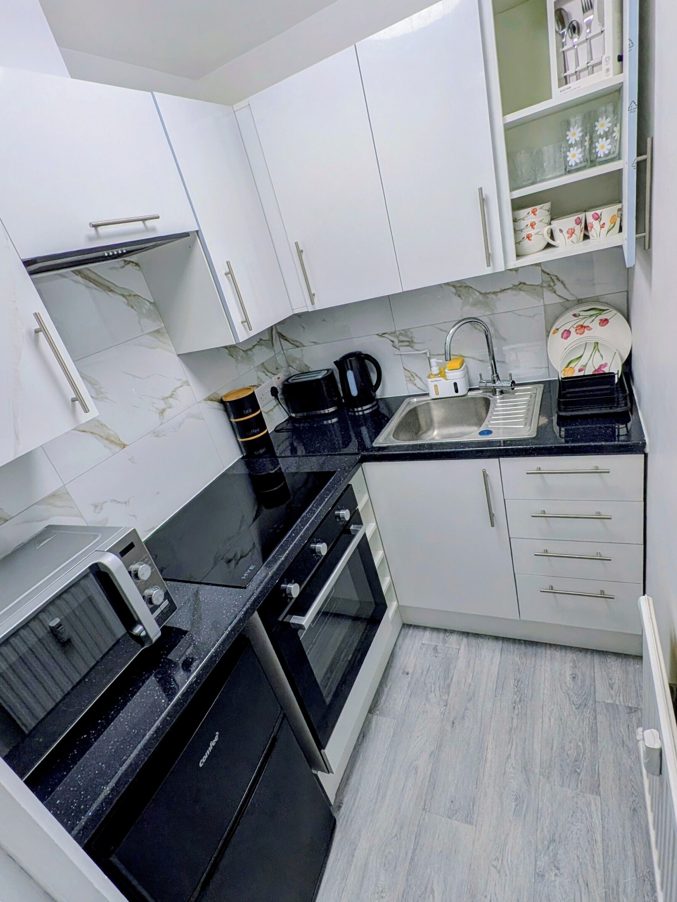 Fridge, microwave, oven, electric kettle