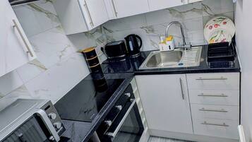 Fridge, microwave, oven, electric kettle