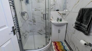 Hair dryer, bidet, towels, soap