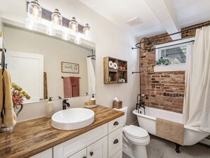 Shower, hair dryer, towels, soap - Historic Home with Farmhouse Flair ~ Downtown Golden (Golden)