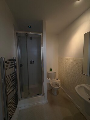 A bathroom with a glass shower enclosure, a toilet, and a bathtub. - Beautiful 2 Bedroom - Woolwich (London)