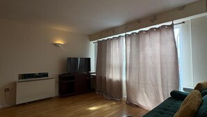 A living room with a green sofa, a TV, a radiator, and a window with curtains. - Beautiful 2 Bedroom - Woolwich (London)