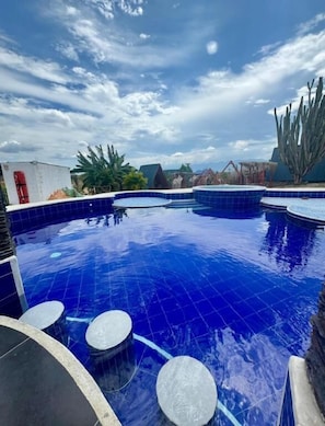 Une piscine aux carreaux bleus, entourée de plantes et bordée d’un ciel dégagé.