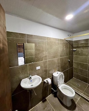 A bathroom with a sink, toilet, and shower.