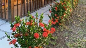 A log cabin with a balcony, a covered porch, and a garden with red flowers. - Hotel Luna Azul Tatacoa  (Villavieja)