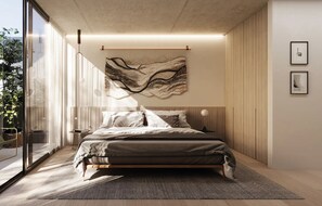 A modern bedroom with a large bed, a wall-mounted artwork, and a view through a glass door. - Milenia Vidt by iPPA (Buenos Aires)