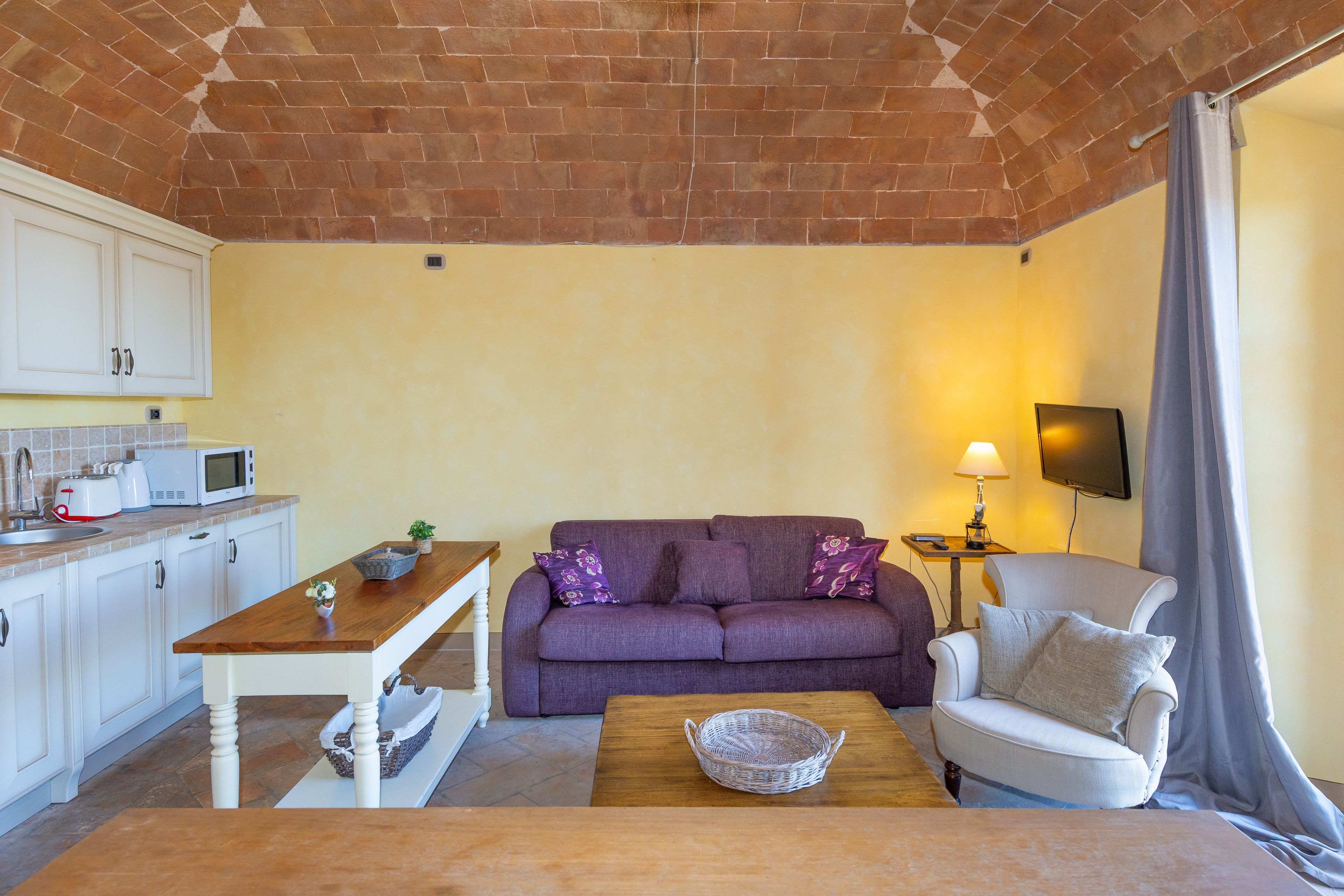 A compact living space with a kitchen, a sofa, a dining table, and a TV.