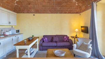 A compact living space with a kitchen, a sofa, a dining table, and a TV.