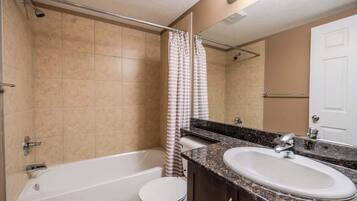 Shower, hair dryer, shampoo