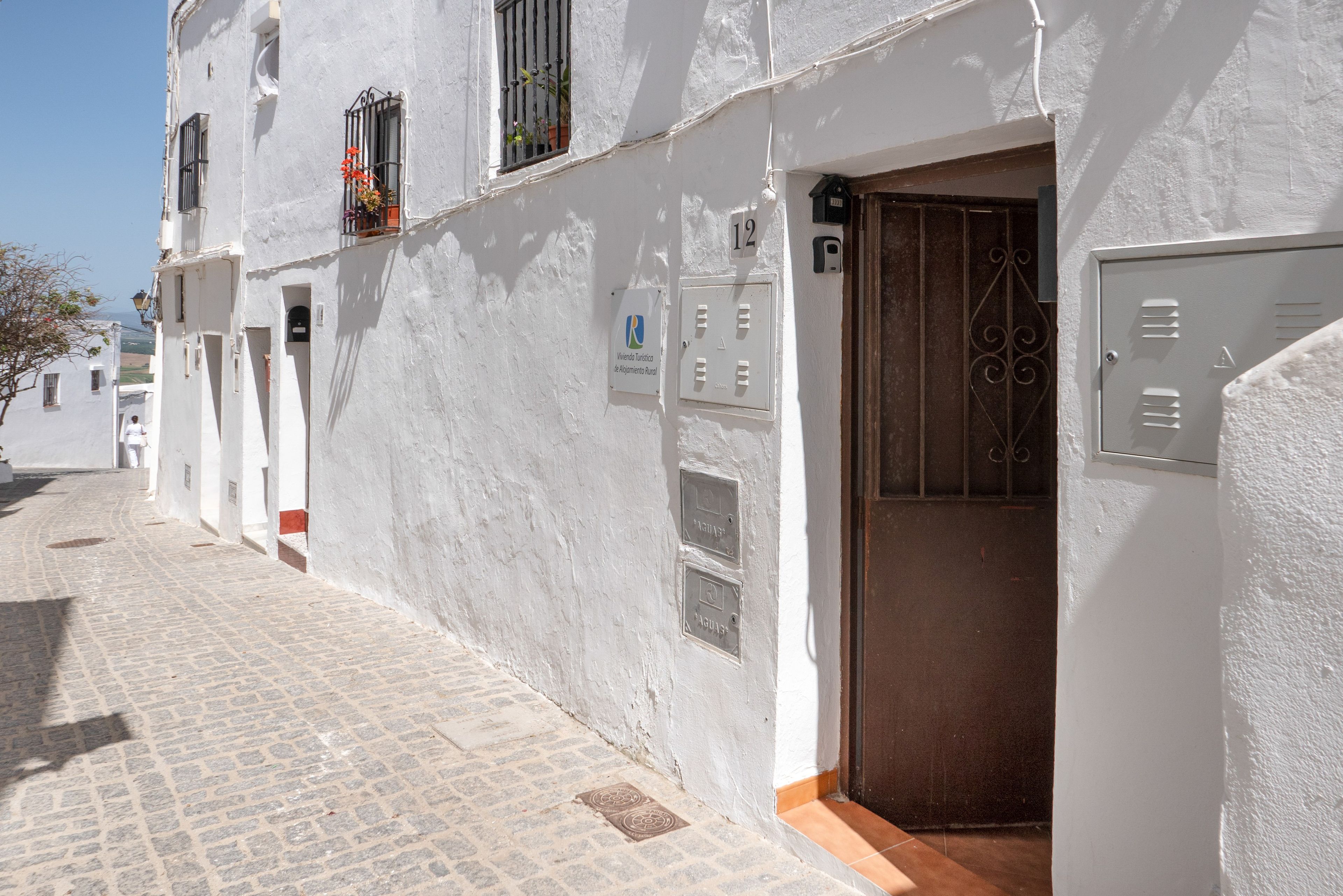 A narrow street with a building featuring a door, a window with a plant, and a sign with a logo.