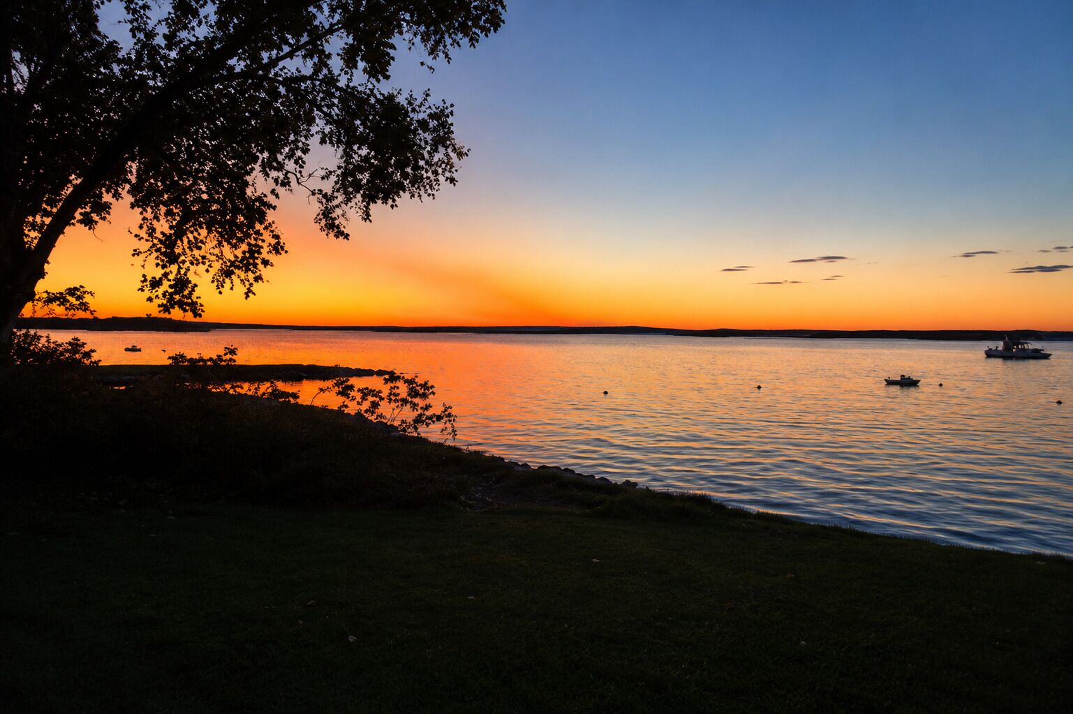 Ein ruhiger See bei Sonnenuntergang, mit Booten, einem Baum auf der linken Seite und einem klaren Himmel.