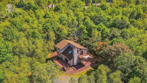Ein eingeschossiges Haus, umgeben von dichtem Wald, mit sichtbarer Terrasse und blauem Himmel.